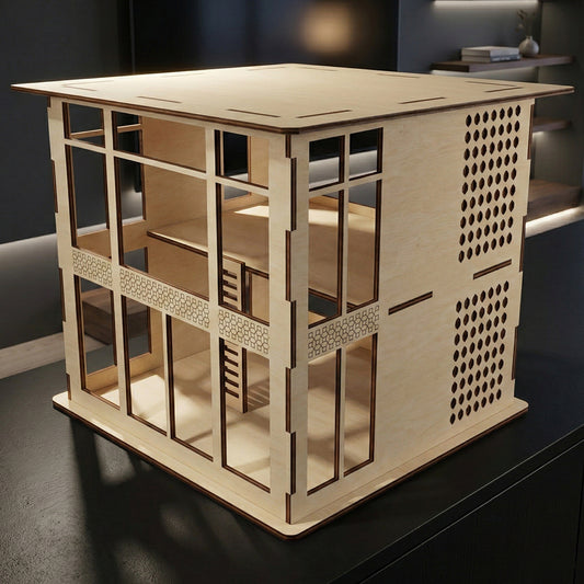 Modern hi-tech dollhouse made from natural laser cut plywood. Features a multi-level open-plan design with precise geometric cutouts, smooth wooden surfaces, and contemporary architectural lines. Shown in a bright, minimalist indoor setting.