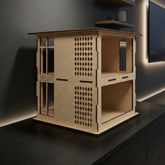 Close-up of a laser cut plywood dollhouse showing intricate interlocking joints and smooth sanded edges. The hi-tech aesthetic includes detailed window frames and modular interior sections, highlighting the craftsmanship of the wood.