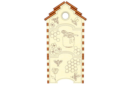 Laser Cut Honey Bee Hive Miniature - Front View of Intricately Designed Hive with Removable Parts and Delicate Honeycomb Details