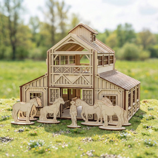 A large two-story horse stable made of laser cut plywood. Features detailed windows, a hayloft, and stalls. Shown outdoors with wooden horse figurines and a farmer. The natural birch wood has realistic dark brown engraved accents.