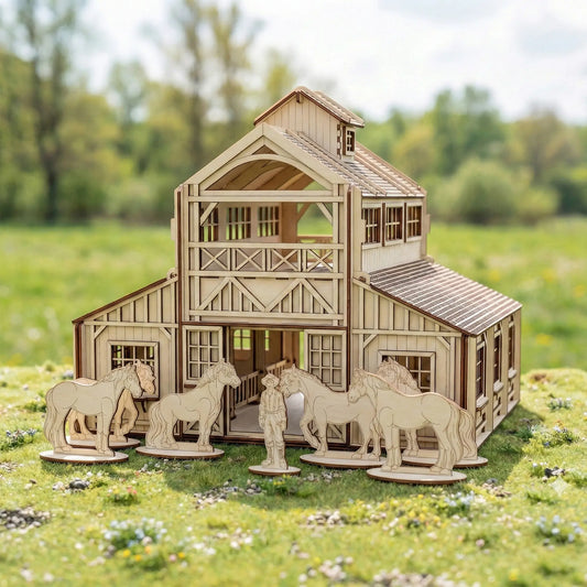 Beautiful three-quarter view of a laser cut plywood horse stable barn toy placed on mossy grass with wooden figurines.