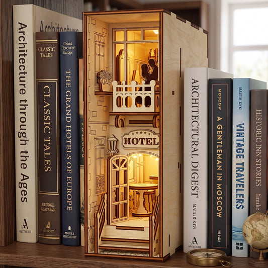 Laser-cut plywood hotel book nook displayed between books on a shelf. Warm internal lighting highlights wood texture and dark laser-cut edges.