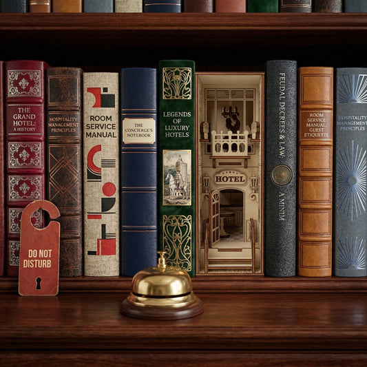 Detailed Hotel Book Nook made of laser cut wood, displayed with a gold service bell in a cozy bookshelf background.
