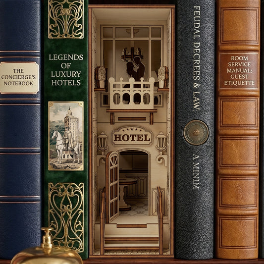 Elegant laser cut wooden Hotel Book Nook nestled between vintage hospitality books, featuring a classic library shelf background.