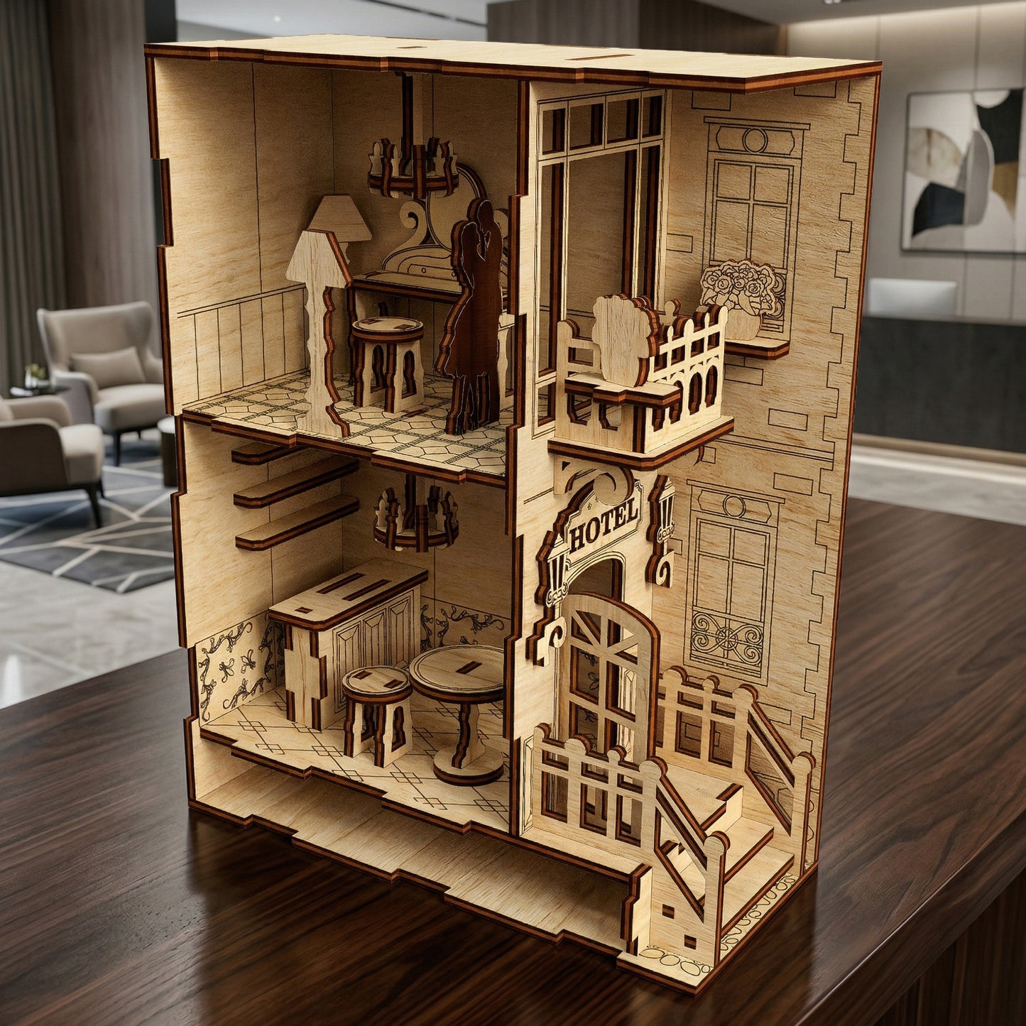 An opened laser cut wooden Hotel Book Nook revealing a multi-level interior with miniature furniture, set against a modern hotel lobby background.