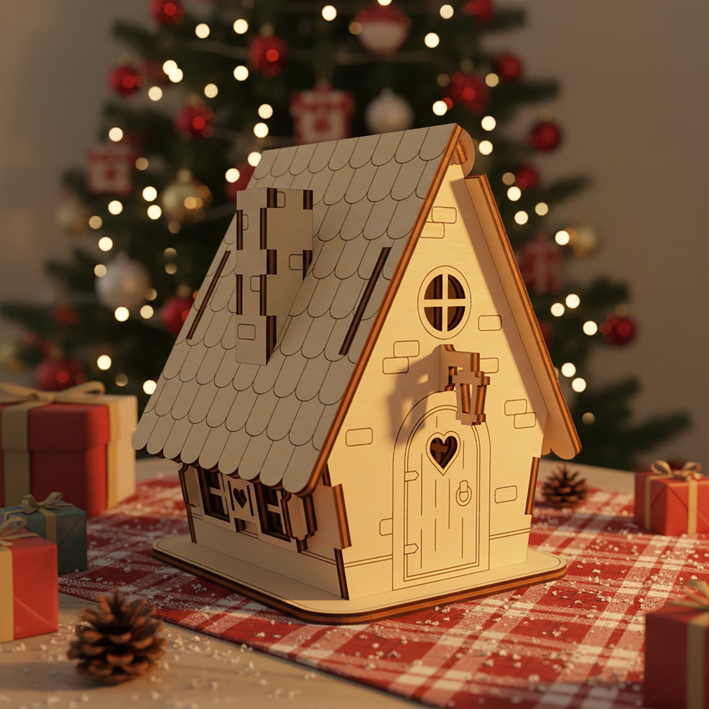 Detailed laser cut House box featuring a whimsical home with round attic window, decorative shutters and removable roof, displayed against a warm festive Christmas lights background.