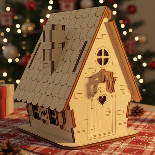 Laser cut wooden House box designed as a charming fairy-tale cottage with scalloped roof tiles, heart-shaped door window, shown against a cozy Christmas tree bokeh background.