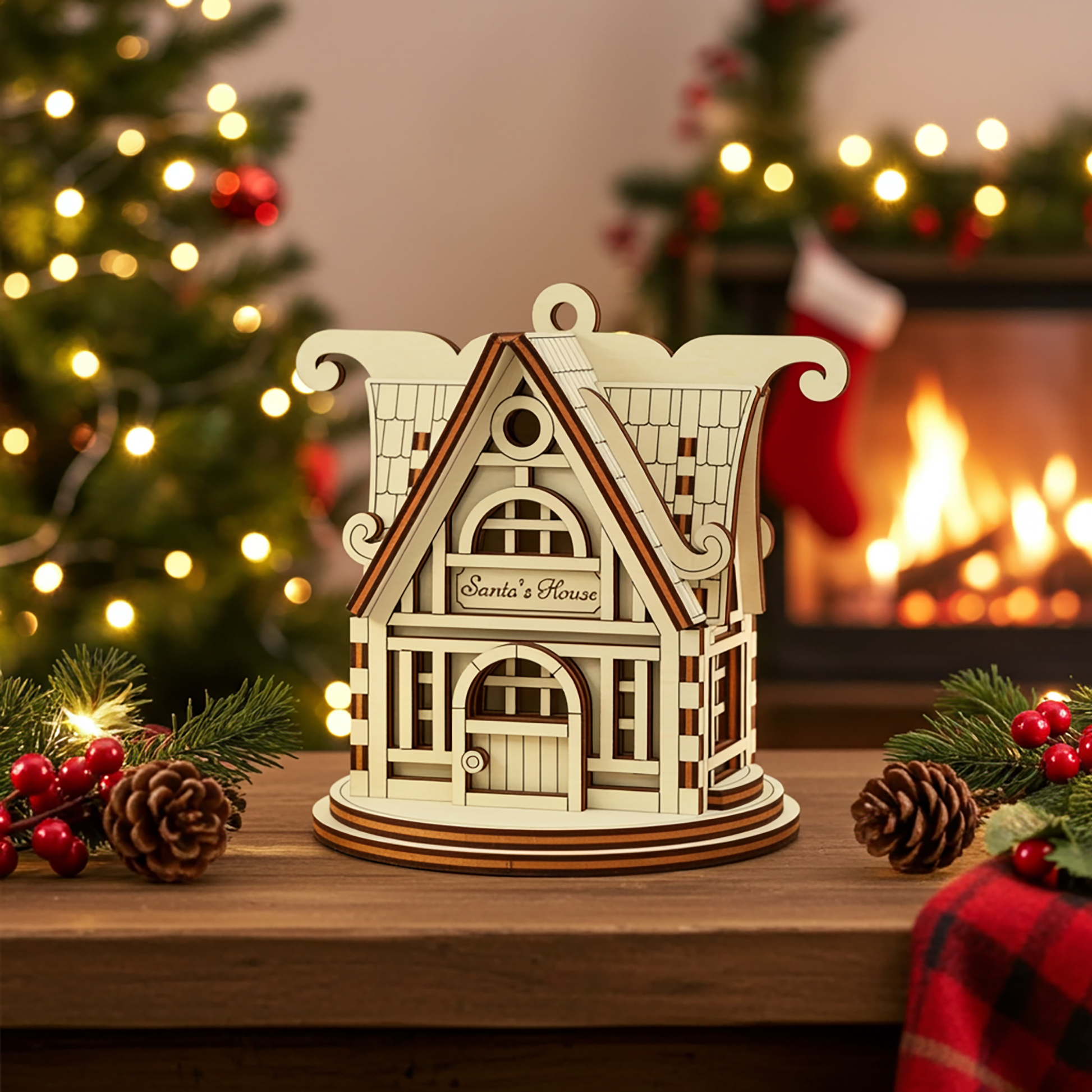 Wooden laser cut model of Santa's House with Christmas decorations and a fireplace in the background