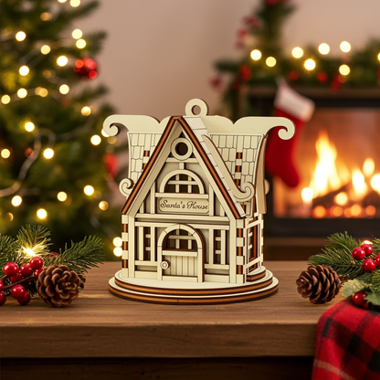 Wooden laser cut model of Santa's House with Christmas decorations and a fireplace in the background