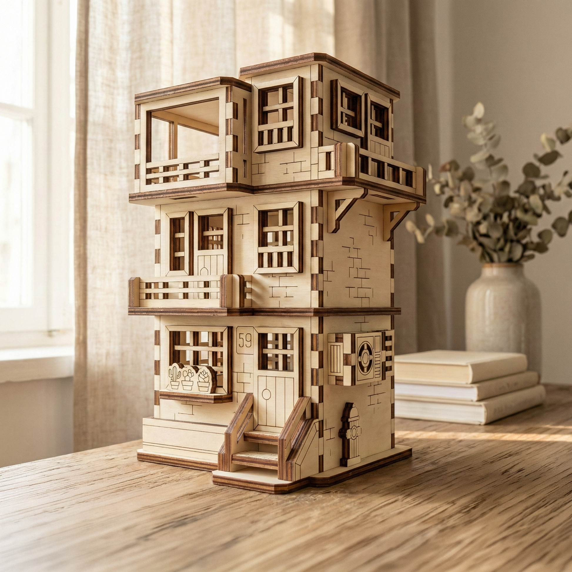Wooden laser cut model of a multi-story building on a wooden table with a vase and books in the background.