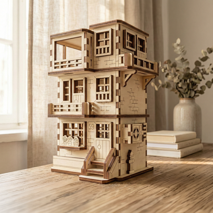 Wooden laser cut model of a multi-story building on a wooden table with a vase and books in the background.