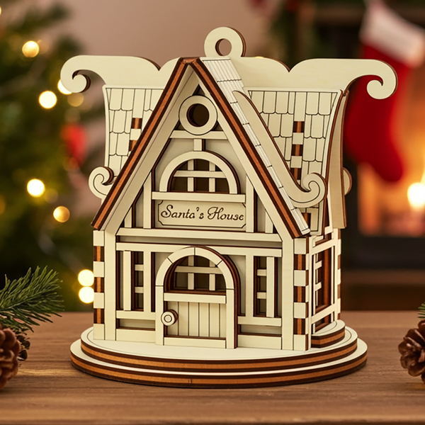Wooden laser cut ornament shaped like Santa's House with Christmas decorations in the background