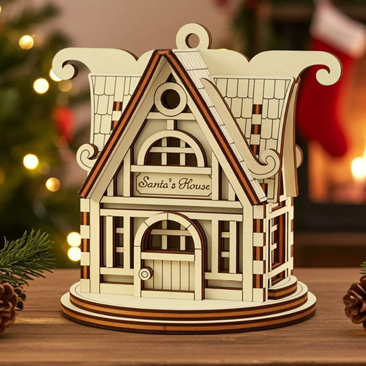 Front view of a miniature decorative holiday house made of laser cut plywood, highlighting a tiered roof and neat window slots