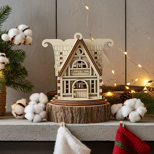Close-up macro view of a miniature holiday house model made of laser cut plywood, showing fine details and burnt edge lines