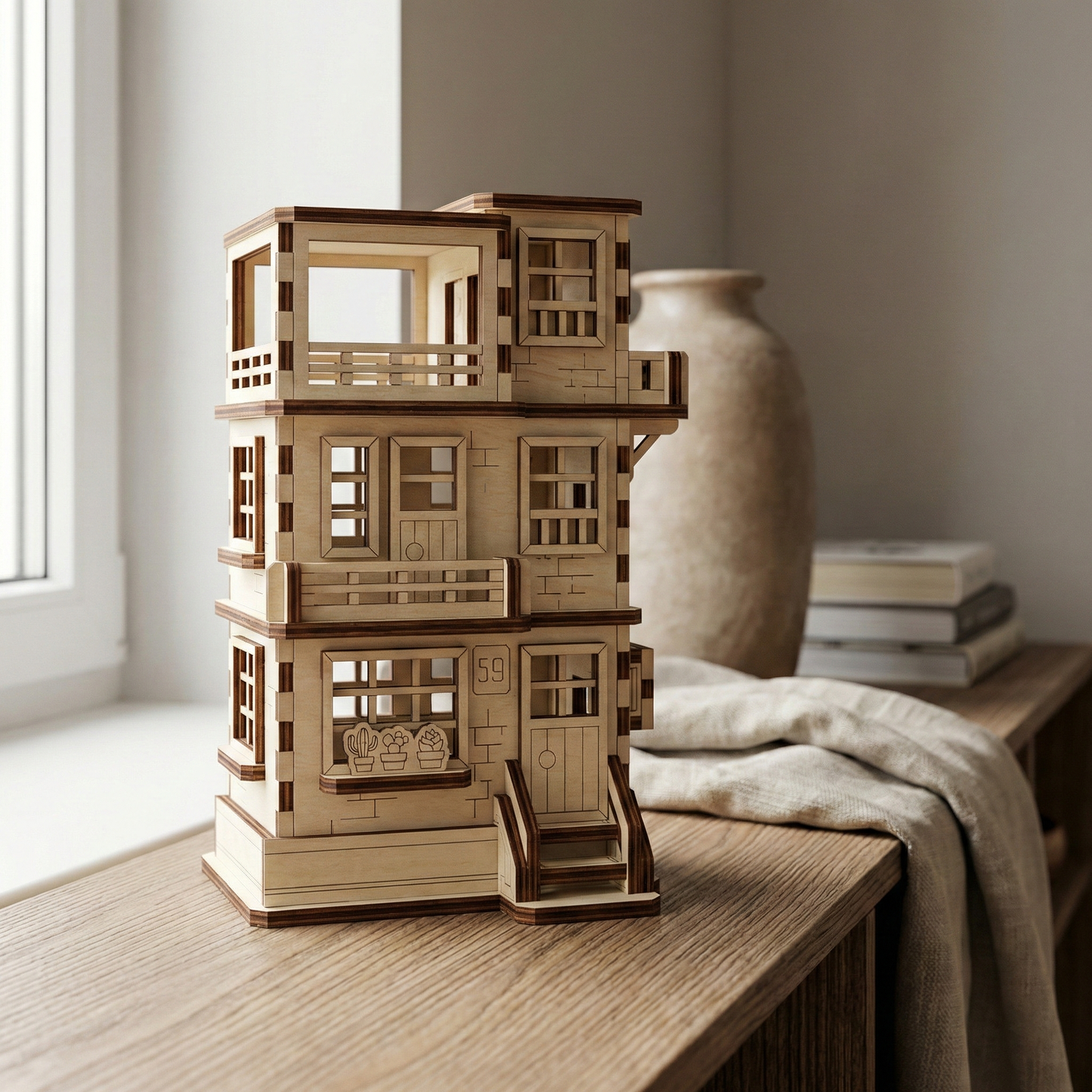 Wooden laser cut model of a multi-story building on a wooden surface with a vase and books in the background.