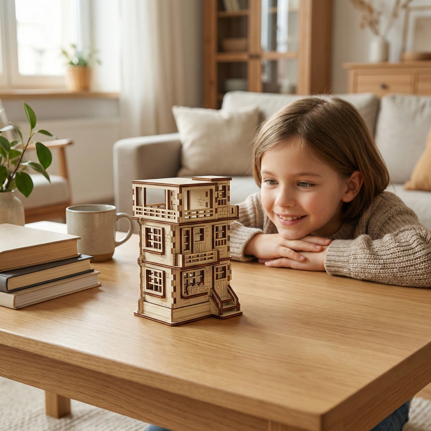 Child playing with a wooden laser cut building block set on a table in a cozy living room.