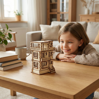 Child playing with a wooden laser cut building block set on a table in a cozy living room.