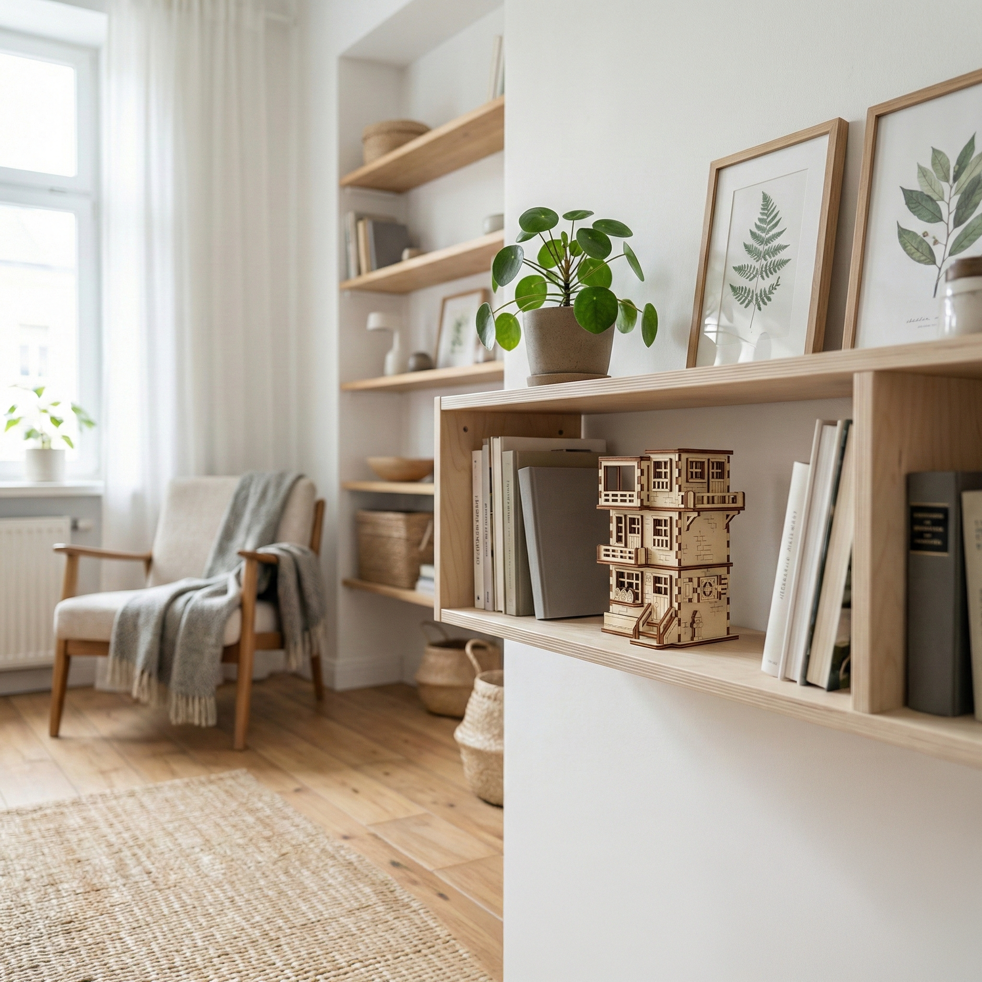 Modern living room with wooden shelves, books, and decorative laser cut building.