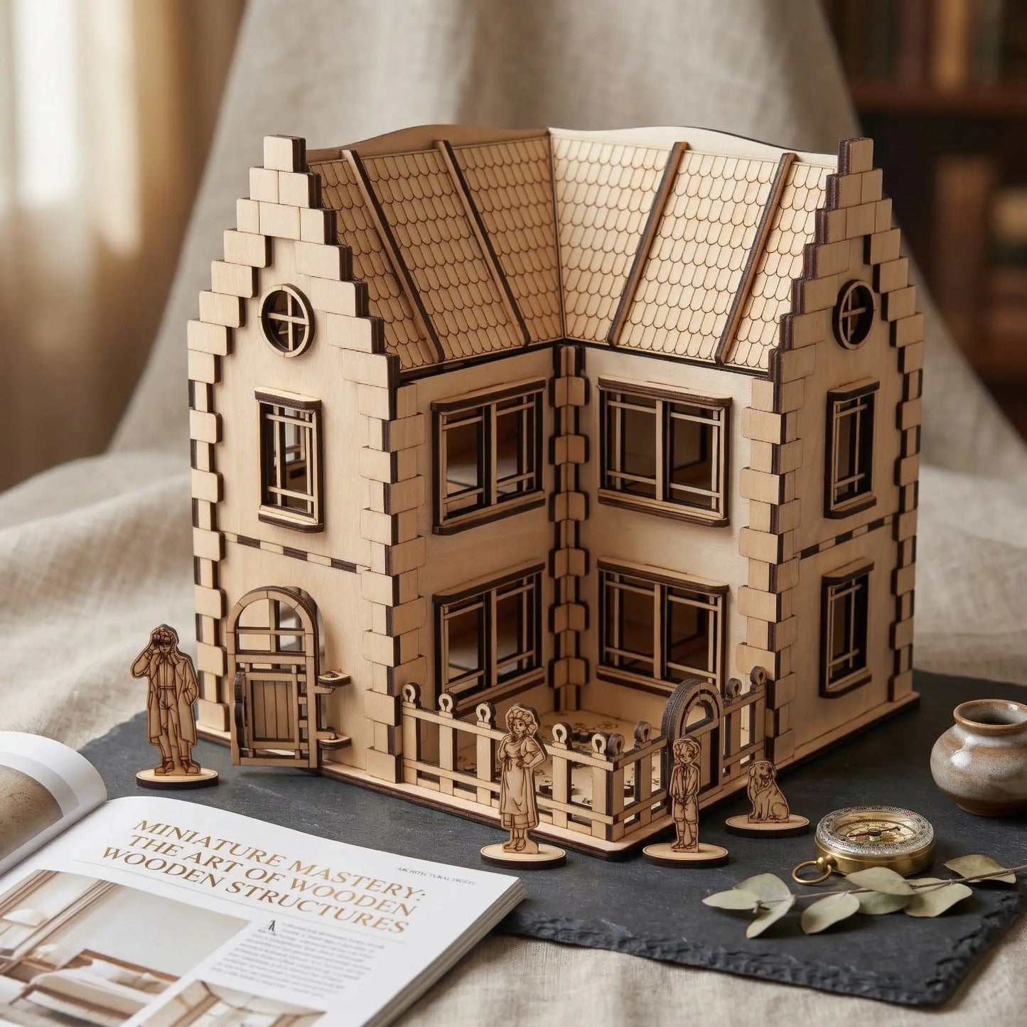 Aesthetic lifestyle shot of a laser cut plywood miniature house on a slate mat next to an open book, compass, and pot