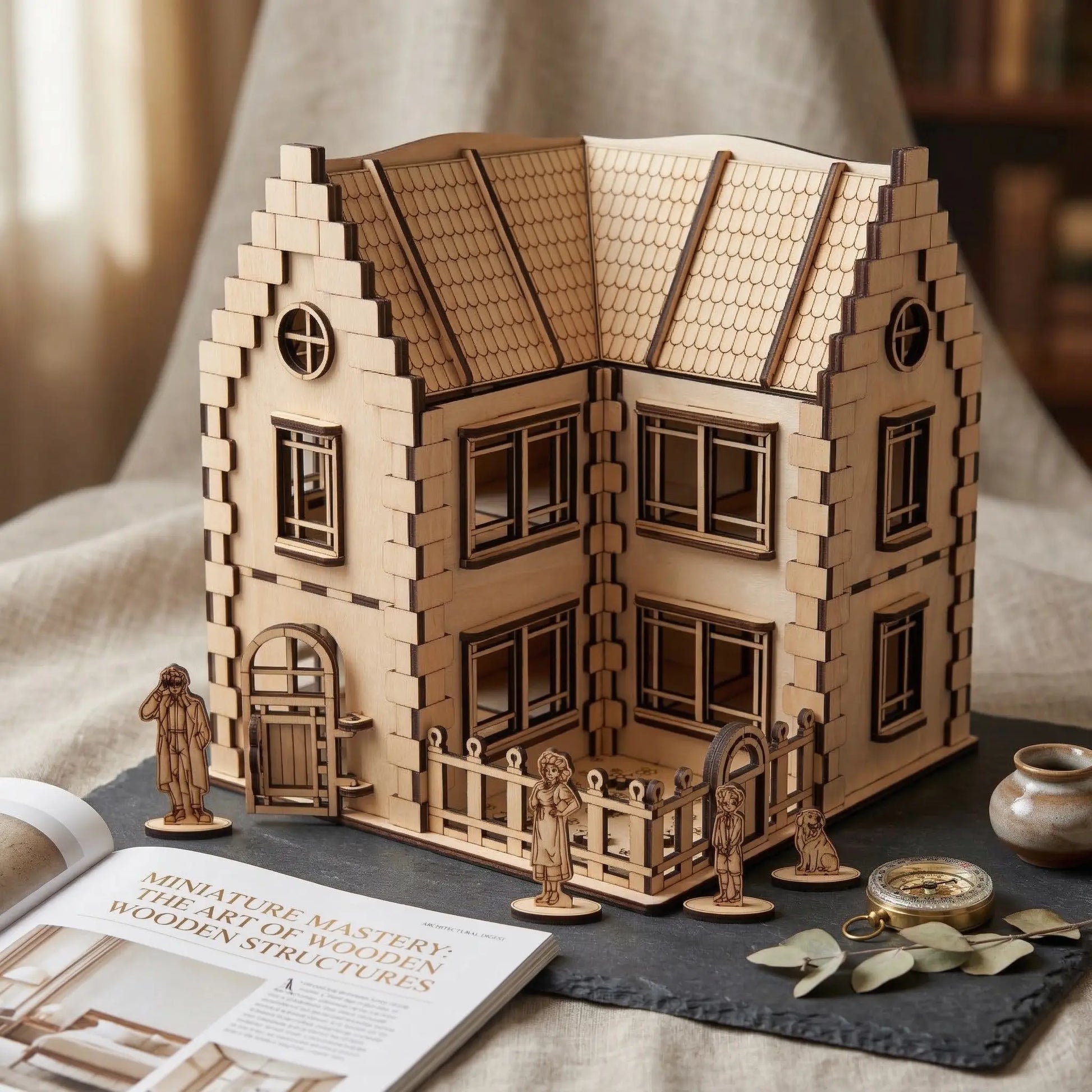 Aesthetic lifestyle shot of a laser cut plywood miniature house on a slate mat next to an open book, compass, and pot