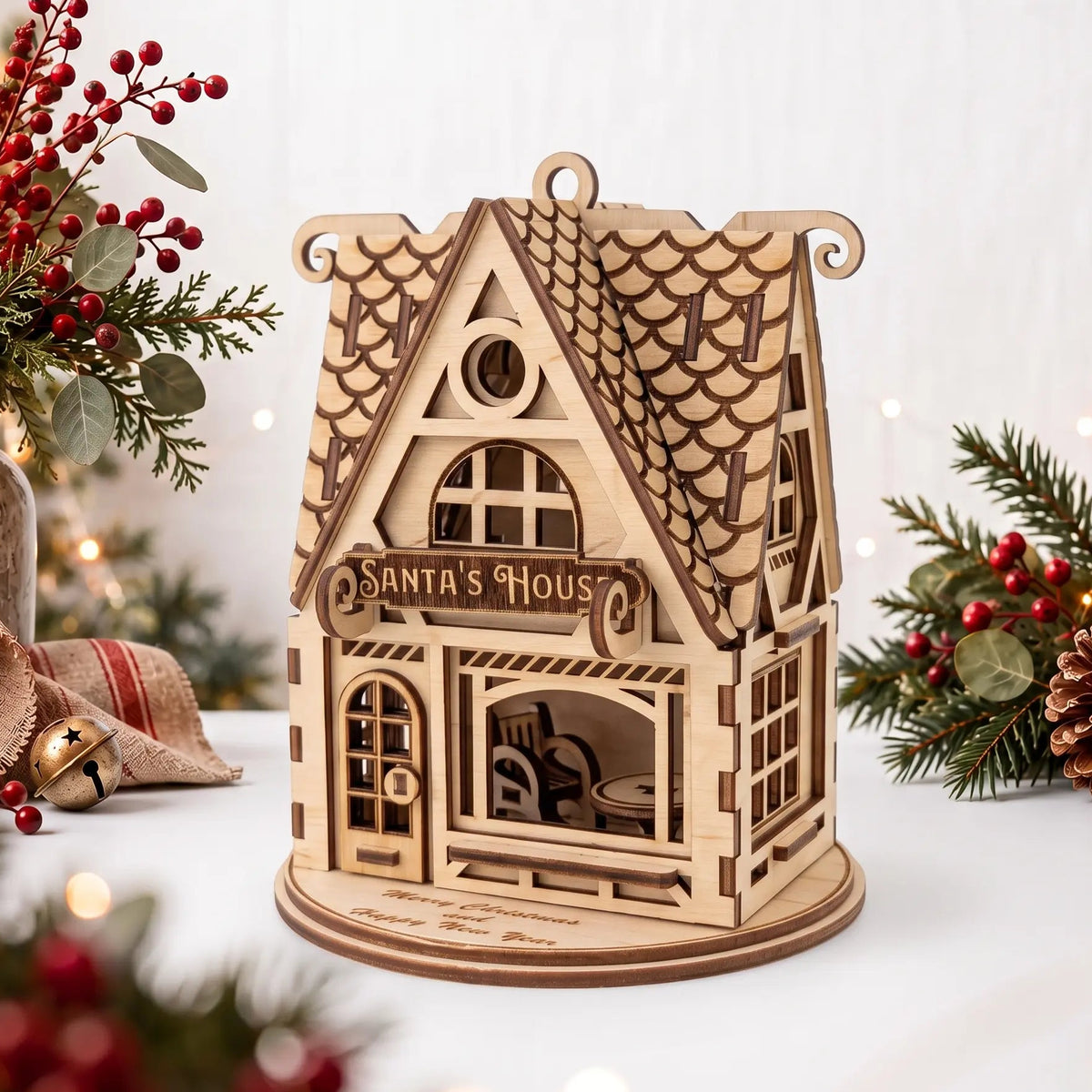 Direct front view of laser cut plywood Santa House on holiday table with red berries and pine branches.