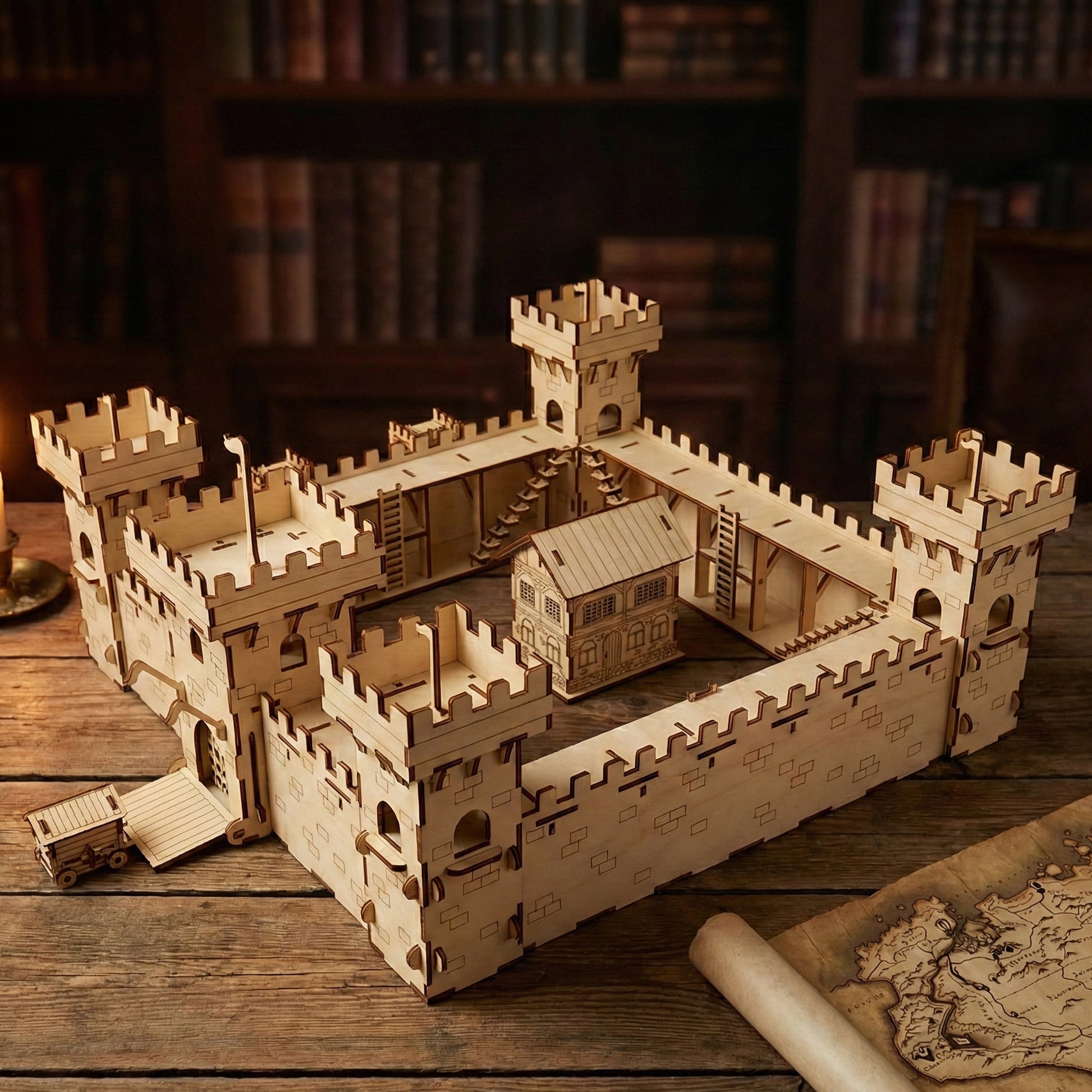 Large laser cut plywood castle toy set with high walls and four corner towers. The medieval house model sits in the center courtyard. Displayed on a rustic wooden table in front of a bookshelf.