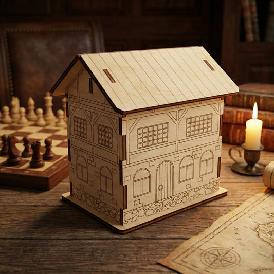 Close-up of the laser cut plywood house assembly. Detailed engraving shows "half-timbered" architecture style. The natural wood grain is visible on the roof and walls, styled next to a lit candle and parchment map.