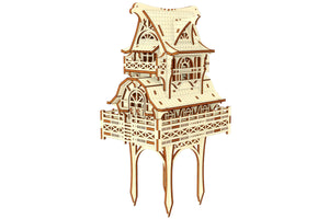 Plan for laser cutting a Garden Gnome House wooden model, complete with balconies and attic windows.