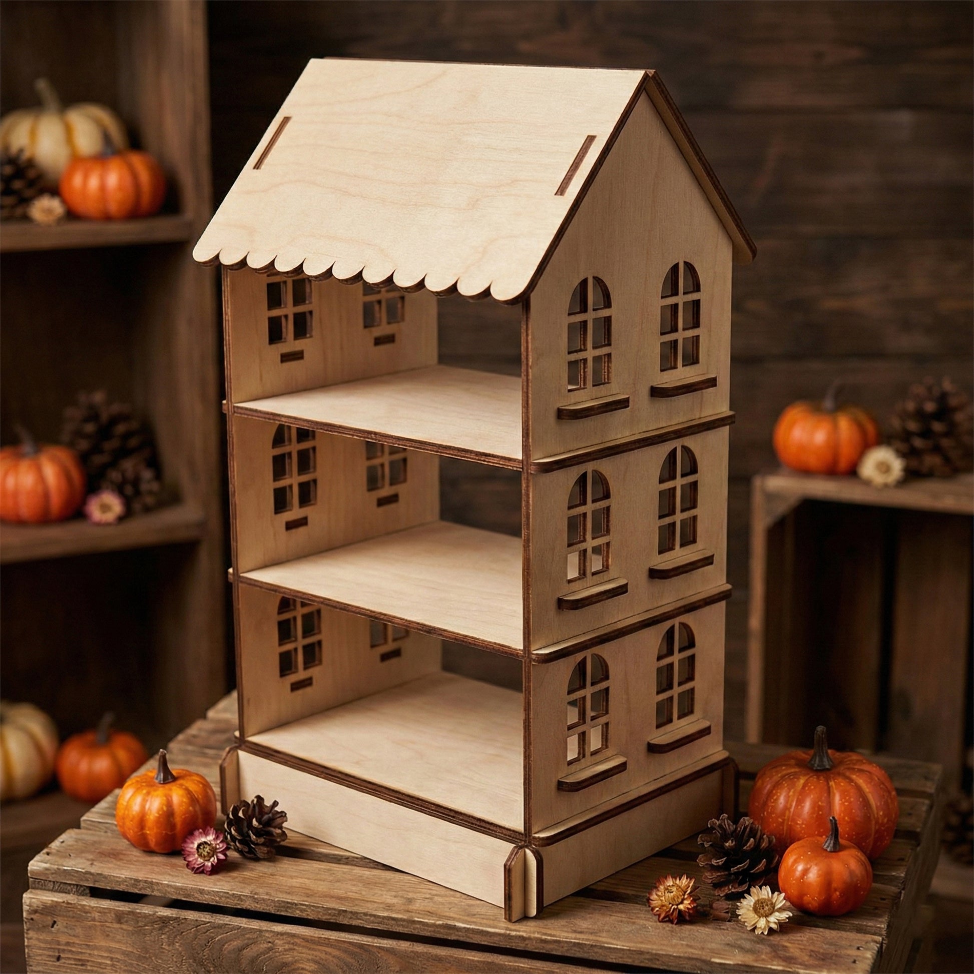 Three-tier dollhouse shelf made of light-colored laser cut plywood. Features a scalloped roof and arched windows with dark burnt edges. Displayed on a rustic wooden crate surrounded by small orange pumpkins and pinecones for autumnal scale.