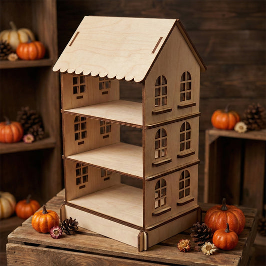 Three-tier dollhouse shelf made of light-colored laser cut plywood. Features a scalloped roof and arched windows with dark burnt edges. Displayed on a rustic wooden crate surrounded by small orange pumpkins and pinecones for autumnal scale.