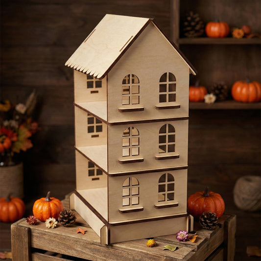 Front view of a 3-story miniature house display stand in natural laser cut plywood. Showcases detailed window frames and smooth wood texture. Set against a dark wooden background with seasonal fall decor like pumpkins and dried flowers.
