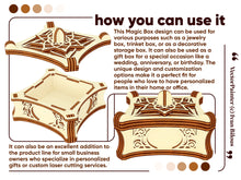 Load image into Gallery viewer, laser cut magic box description how you can use it. The laser cut box with opened lid and side view of the laser cut box
