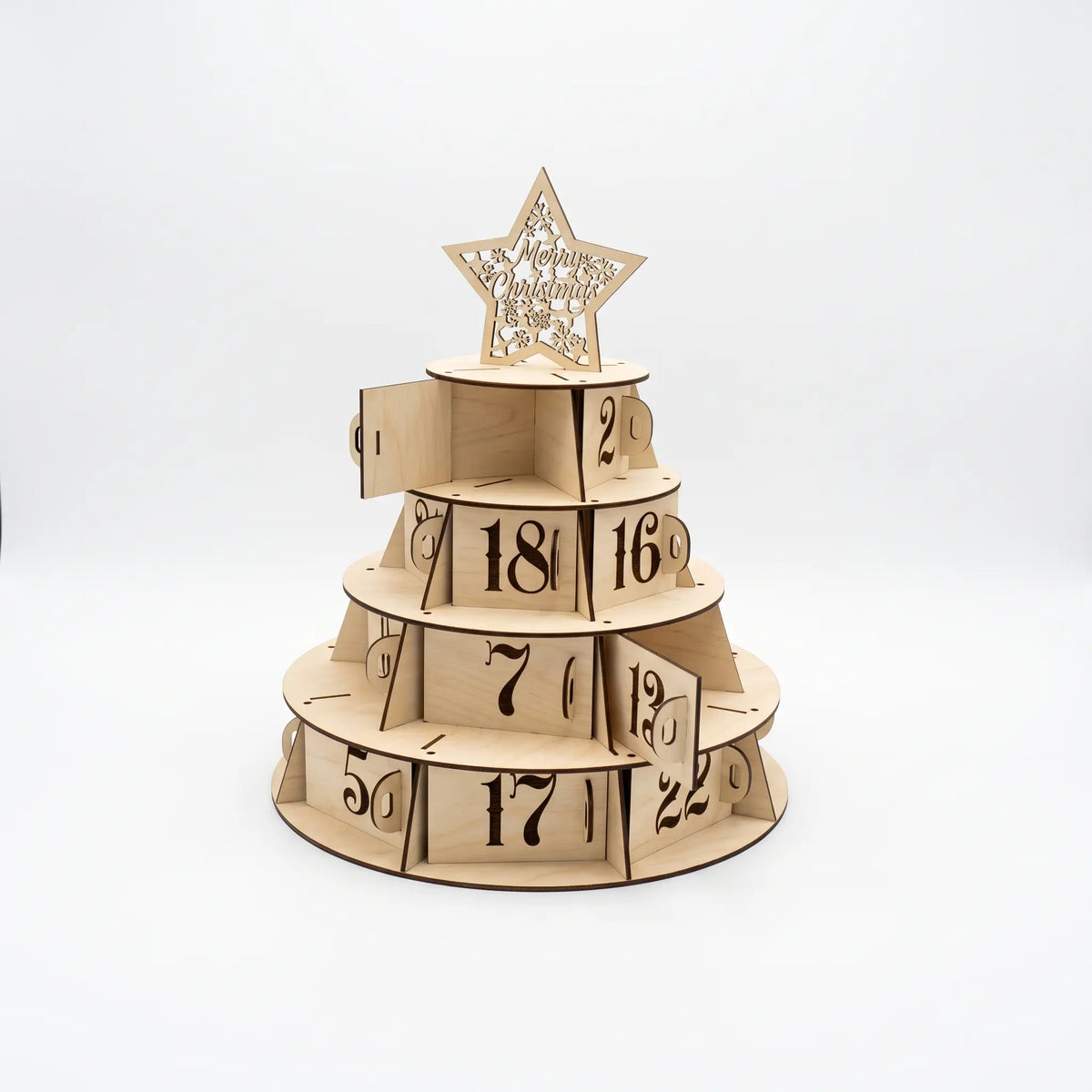 Unpainted laser cut plywood Christmas tree advent calendar with open numbered doors and top star on plain white background.