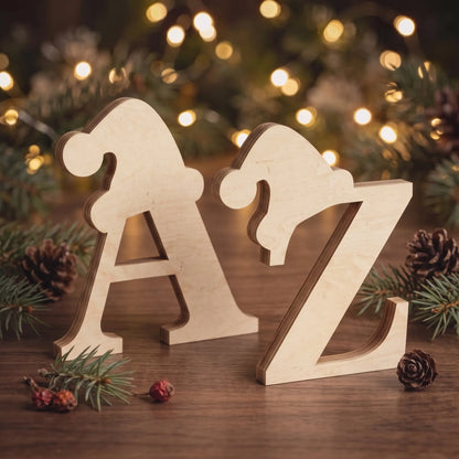 Natural laser cut plywood standing letters A and Z with Santa hats, displayed on a wooden table with pinecones