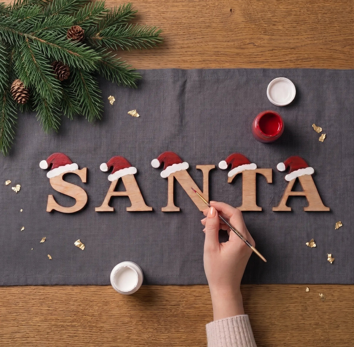 Top view of hand painting red Santa hats on laser cut plywood letters spelling SANTA on grey fabric with greenery