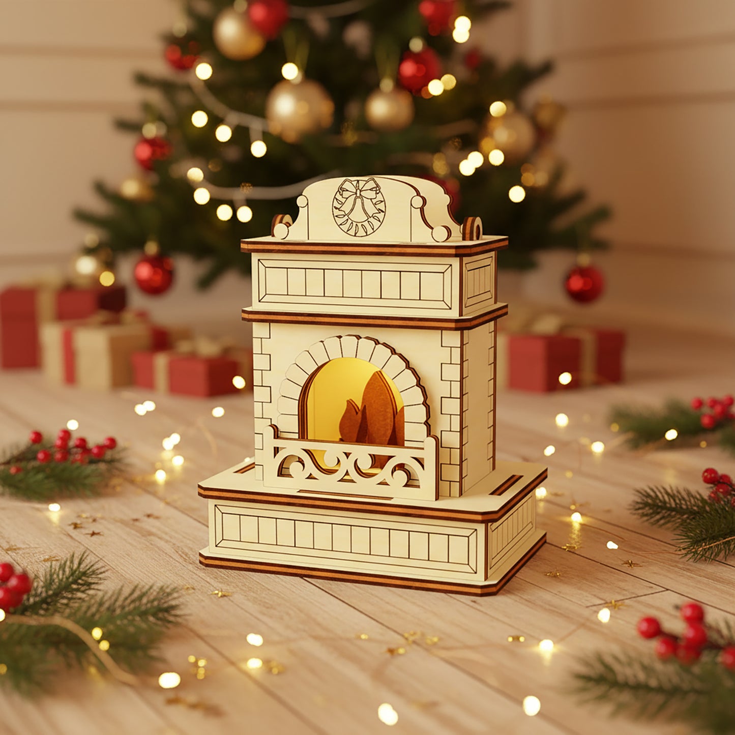 Elegant white laser cut wooden Christmas Fireplace featuring ornate scrollwork and a cozy illuminated interior, displayed in front of a twinkling holiday tree background.