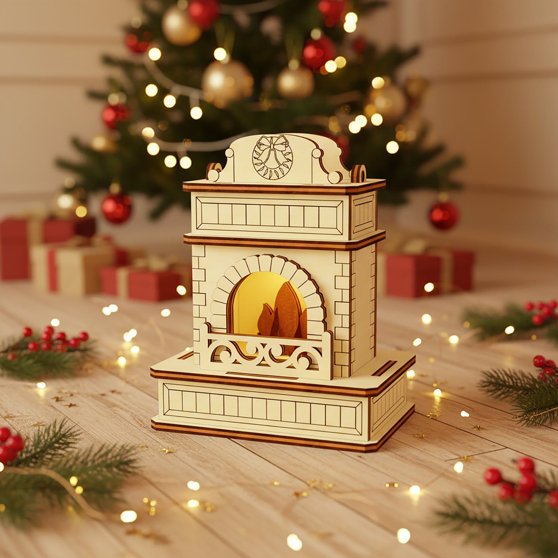 Elegant white laser cut wooden Christmas Fireplace featuring ornate scrollwork and a cozy illuminated interior, displayed in front of a twinkling holiday tree background.