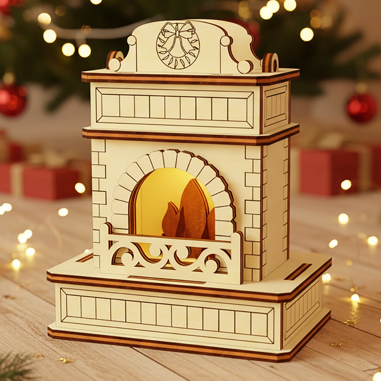 Delicate laser cut wooden Christmas Fireplace with a festive wreath on the mantel and warm glowing fire inside, shown against a softly blurred Christmas tree background.