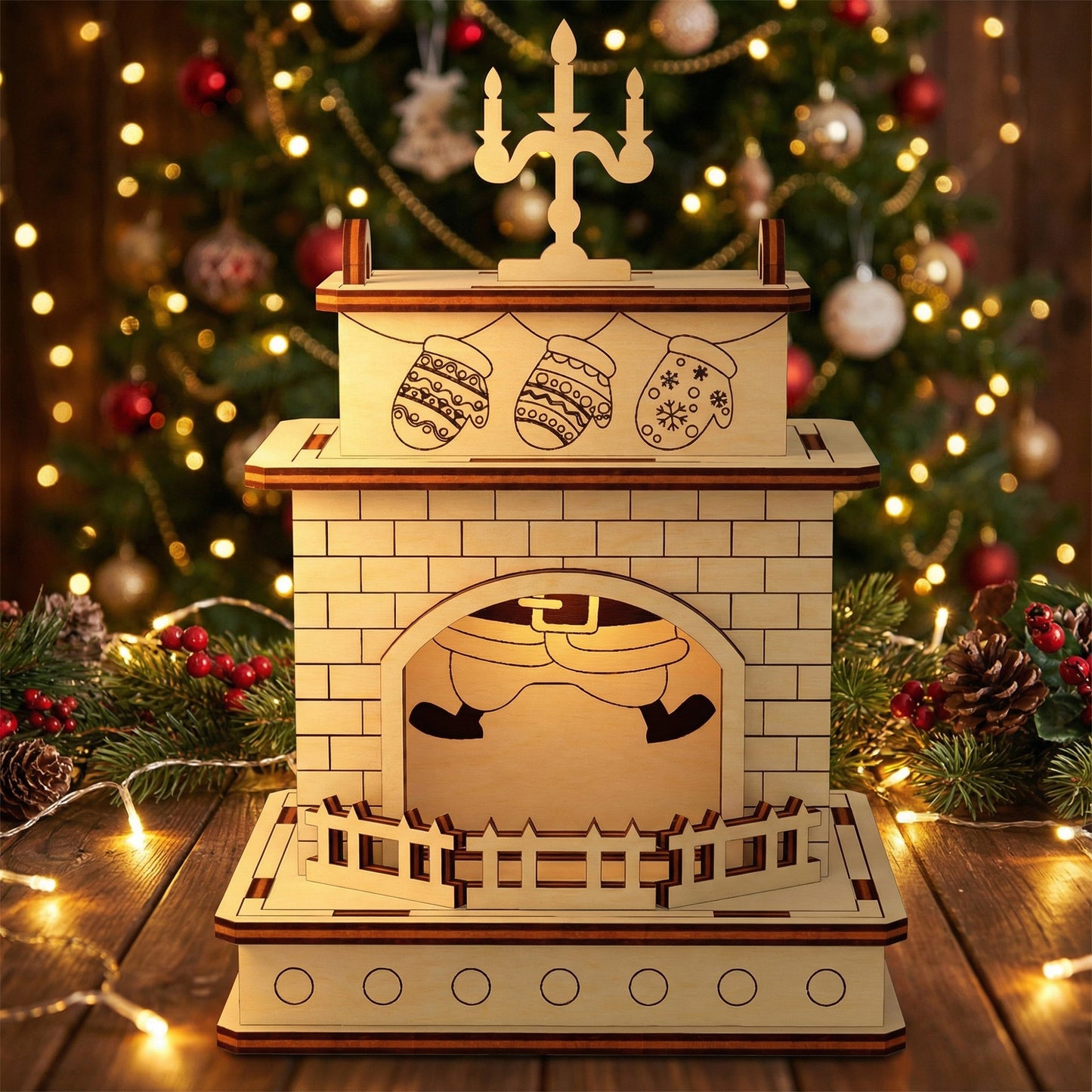 Playful laser cut wooden Christmas Fireplace with Santa stuck in the chimney, hanging mittens on the mantel, and a glowing interior, set against a twinkling Christmas tree background.