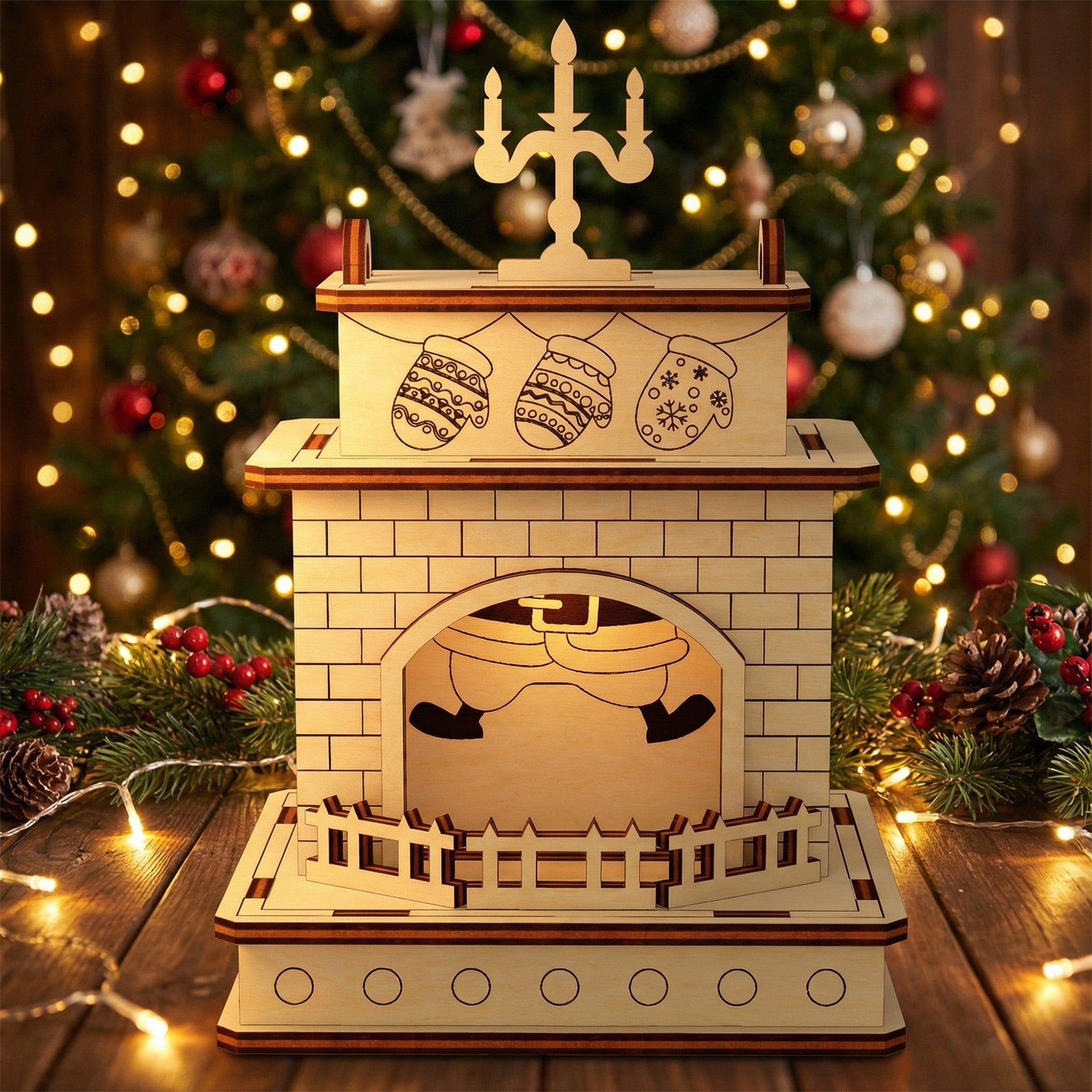 Playful laser cut wooden Christmas Fireplace with Santa stuck in the chimney, hanging mittens on the mantel, and a glowing interior, set against a twinkling Christmas tree background.