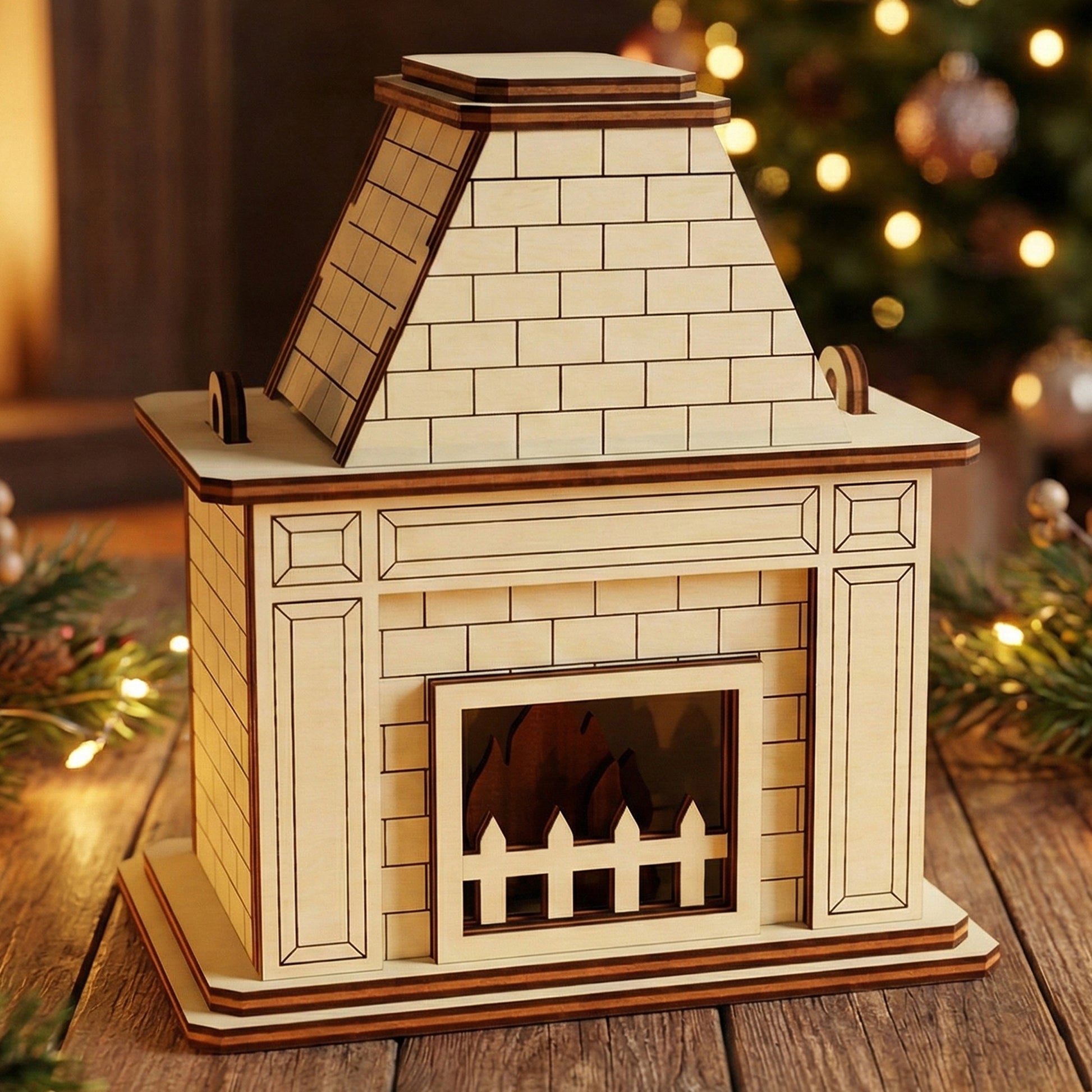 Elegant laser cut wooden Christmas Fireplace with a classic sloped chimney and glowing fire inside, shown against a softly blurred Christmas tree background.