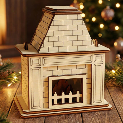 Elegant laser cut wooden Christmas Fireplace with a classic sloped chimney and glowing fire inside, shown against a softly blurred Christmas tree background.