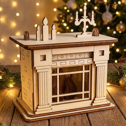 Classic laser cut wooden Christmas Fireplace with elegant columns, candelabra, and candles on the mantel, and a warm glowing fire inside, displayed against a softly blurred Christmas tree background.