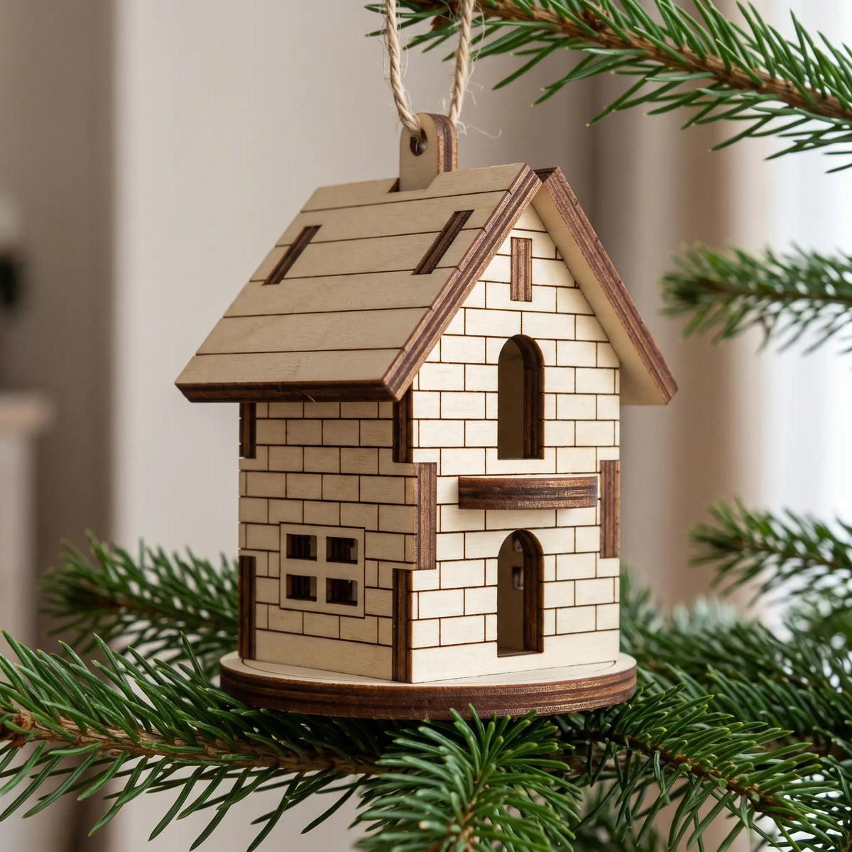 Laser cut plywood Christmas house ornament hanging by a twine string on pine branch, featuring brick walls and small balcony.