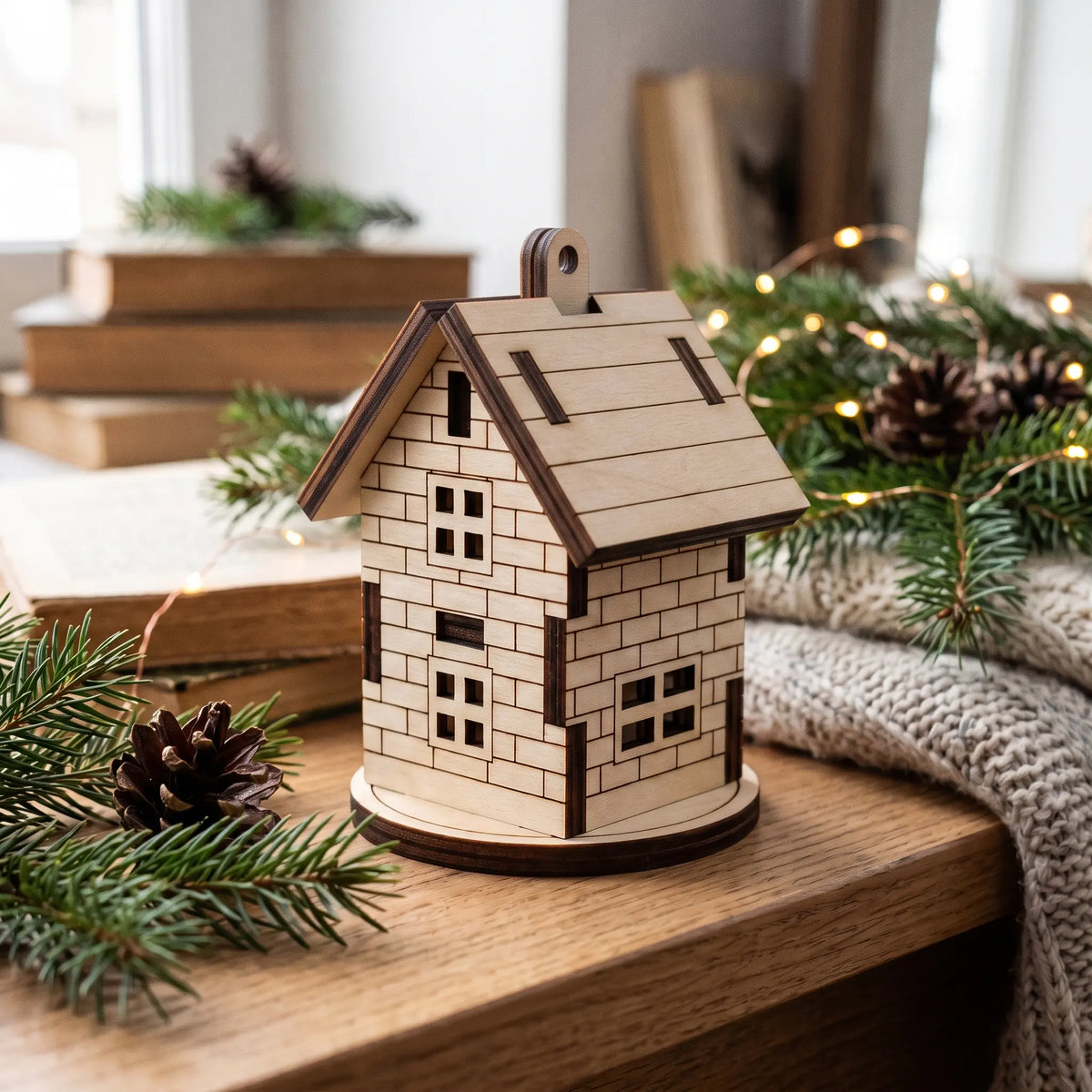 Laser cut plywood Christmas house ornament on wooden windowsill next to pine branch, pine cones, and warm holiday lights.