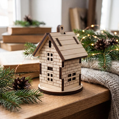 Laser cut plywood Christmas house ornament on wooden windowsill next to pine branch, pine cones, and warm holiday lights.