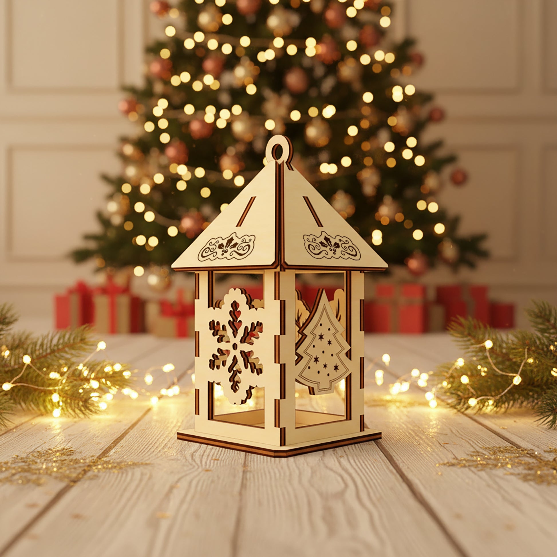 Delicate laser cut Christmas Lamp Ornament featuring a hanging lantern design with detailed holiday silhouettes of gingerbread figures and fir tree, set against a festive blurred Christmas tree lights background.