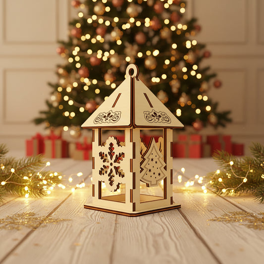 Delicate laser cut Christmas Lamp Ornament featuring a hanging lantern design with detailed holiday silhouettes of gingerbread figures and fir tree, set against a festive blurred Christmas tree lights background.
