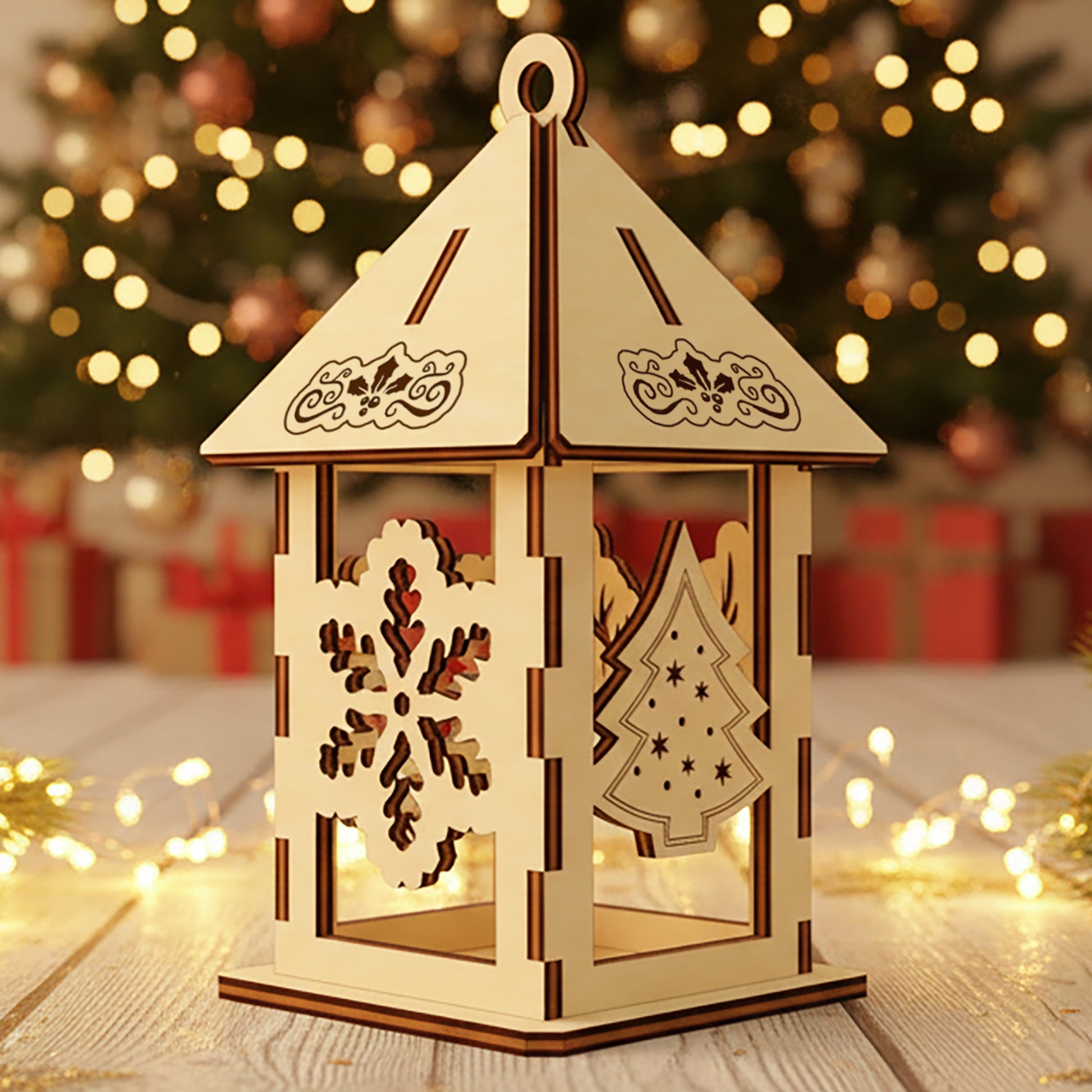 Laser cut wooden Christmas Lamp Ornament shaped like a glowing lantern with intricate gingerbread men and Christmas tree cut-outs on the sides, displayed against a warm Christmas tree bokeh background.