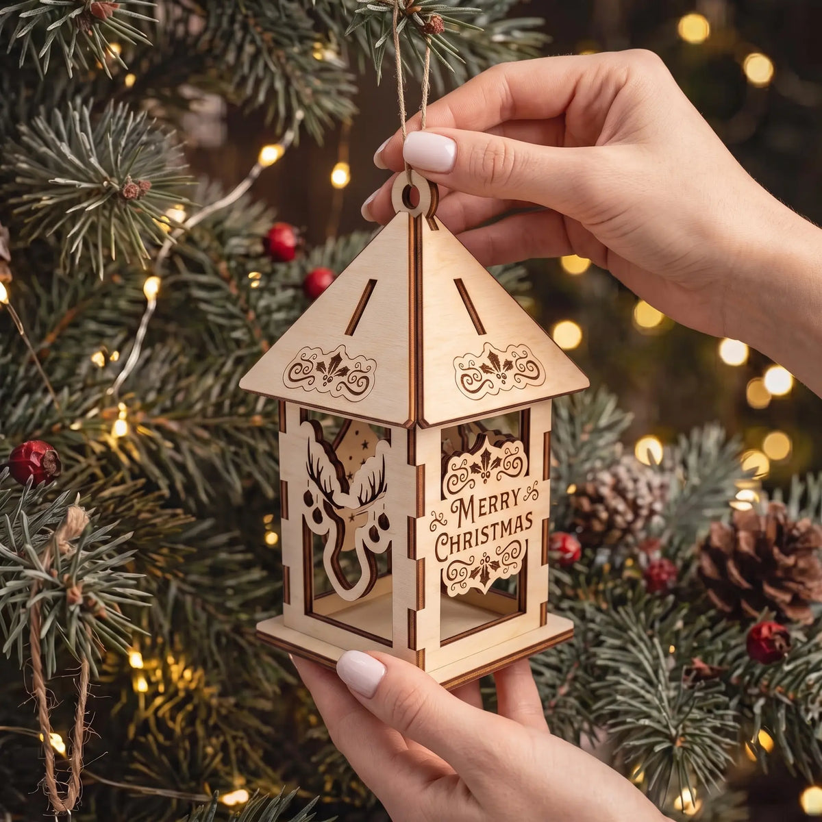 Hands hold hanging laser cut plywood holiday lantern ornament showing scale in front of warm Christmas tree lights.